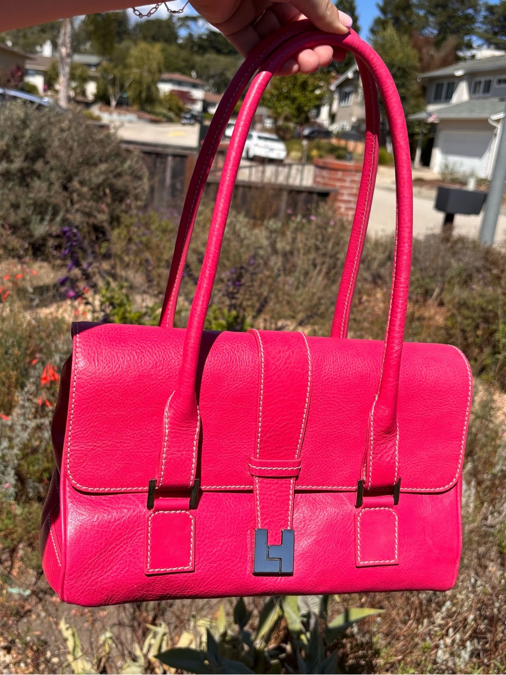 Vintage Lambertson Truex Hot Pink Pebble Leather Flap Shoulder Bag
